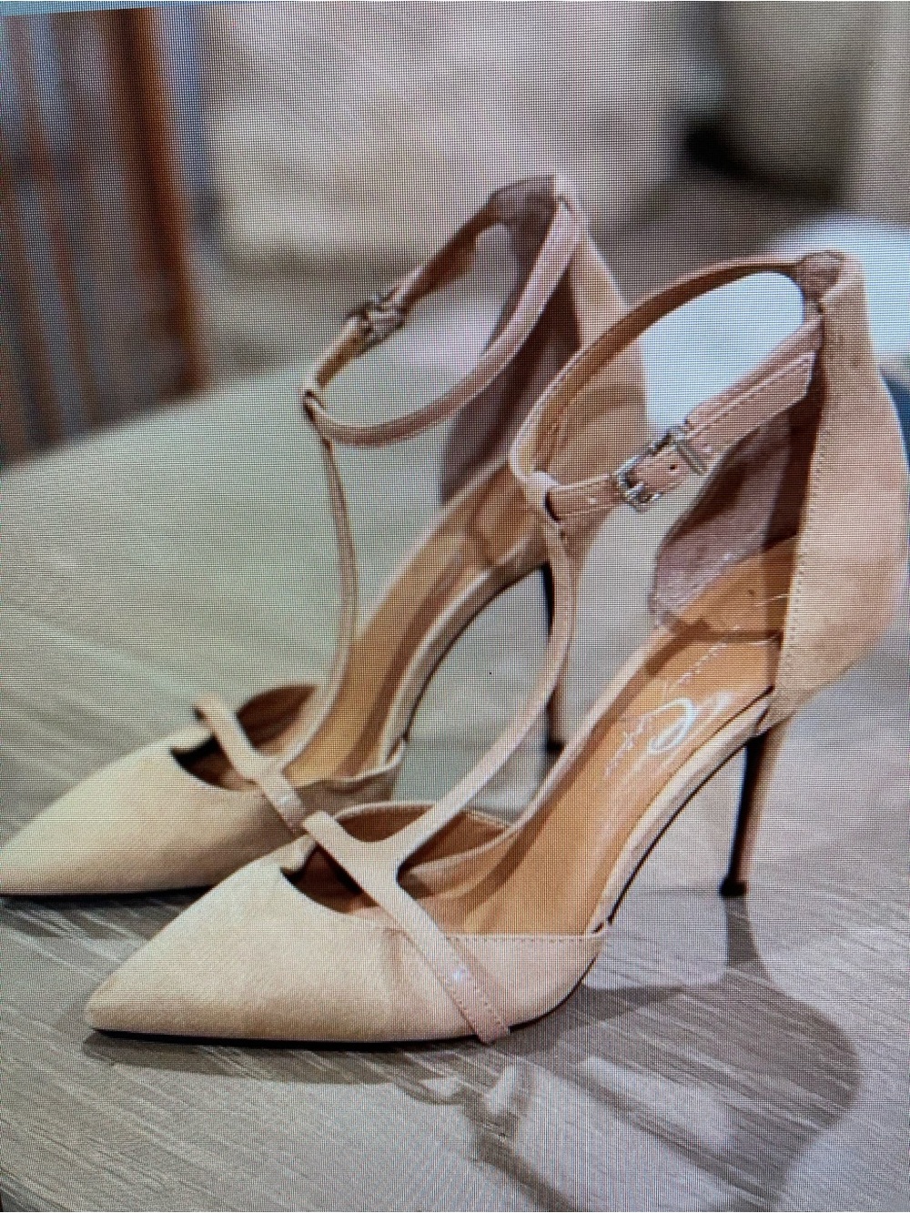 T-Strap Pointed-Toe Stiletto Heels in Nude